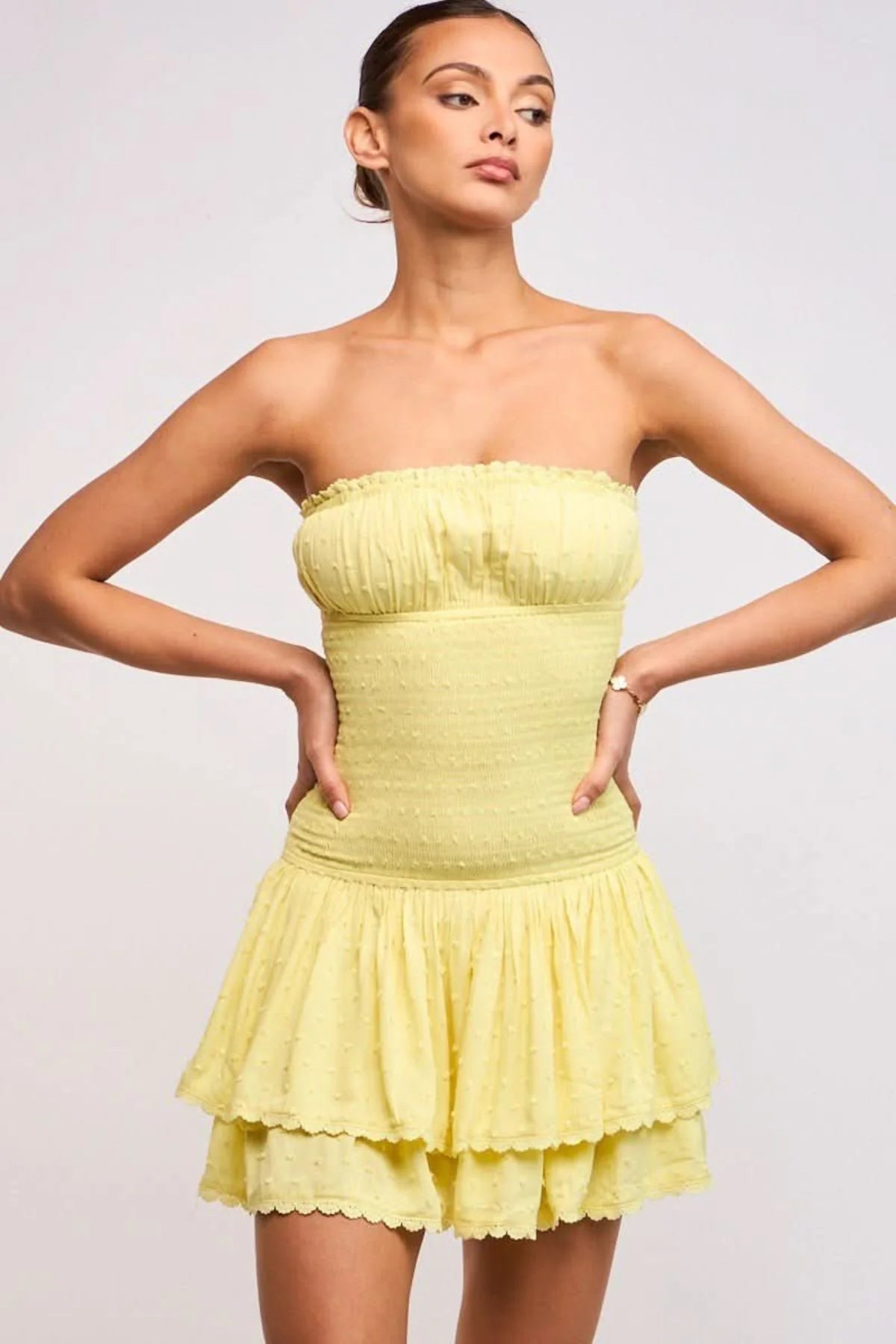 Lyla Yellow Strapless Drop Waist Mini