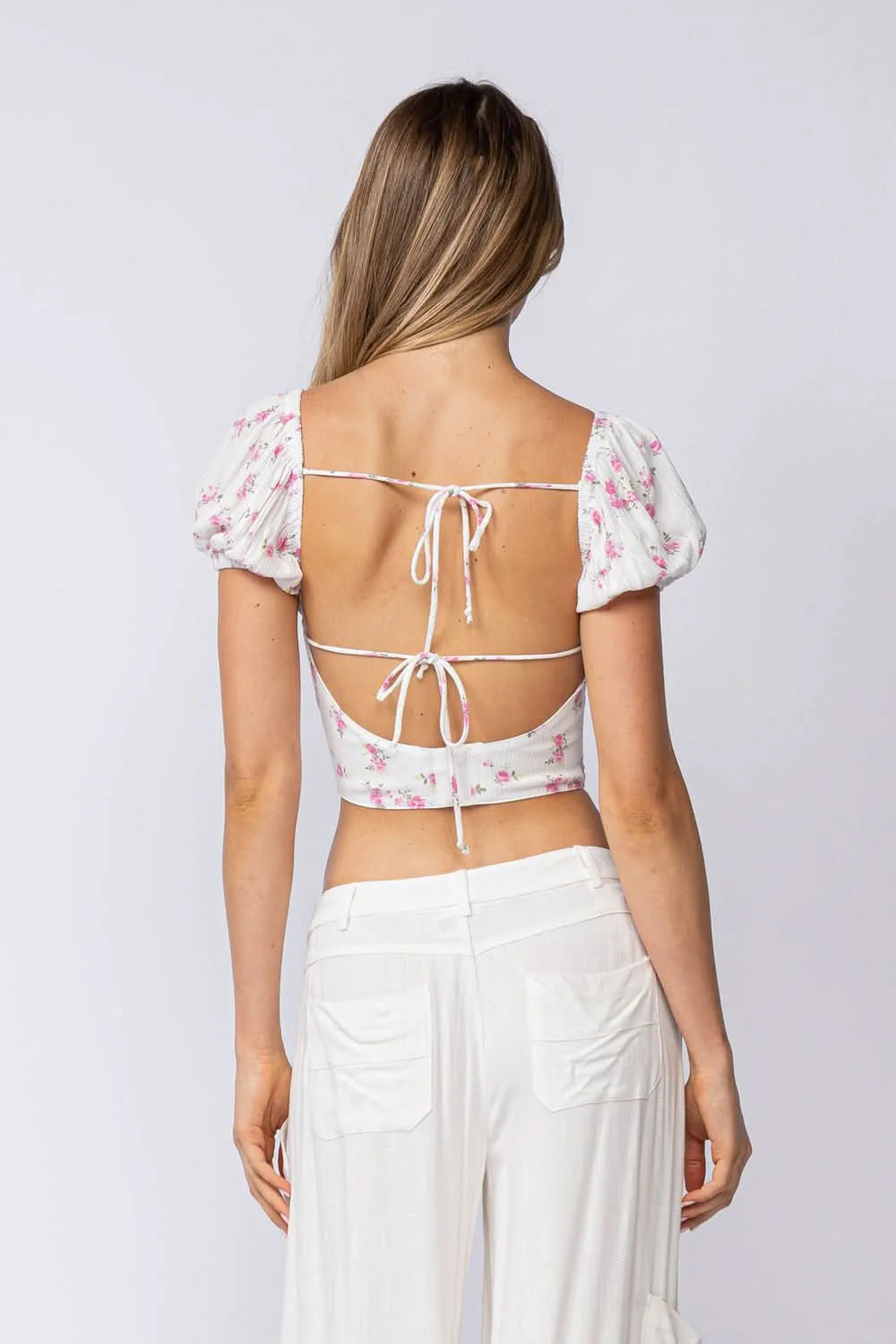 Appian Way White Pink Floral Puff Sleeve Crop Top