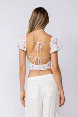 Appian Way White Pink Floral Puff Sleeve Crop Top