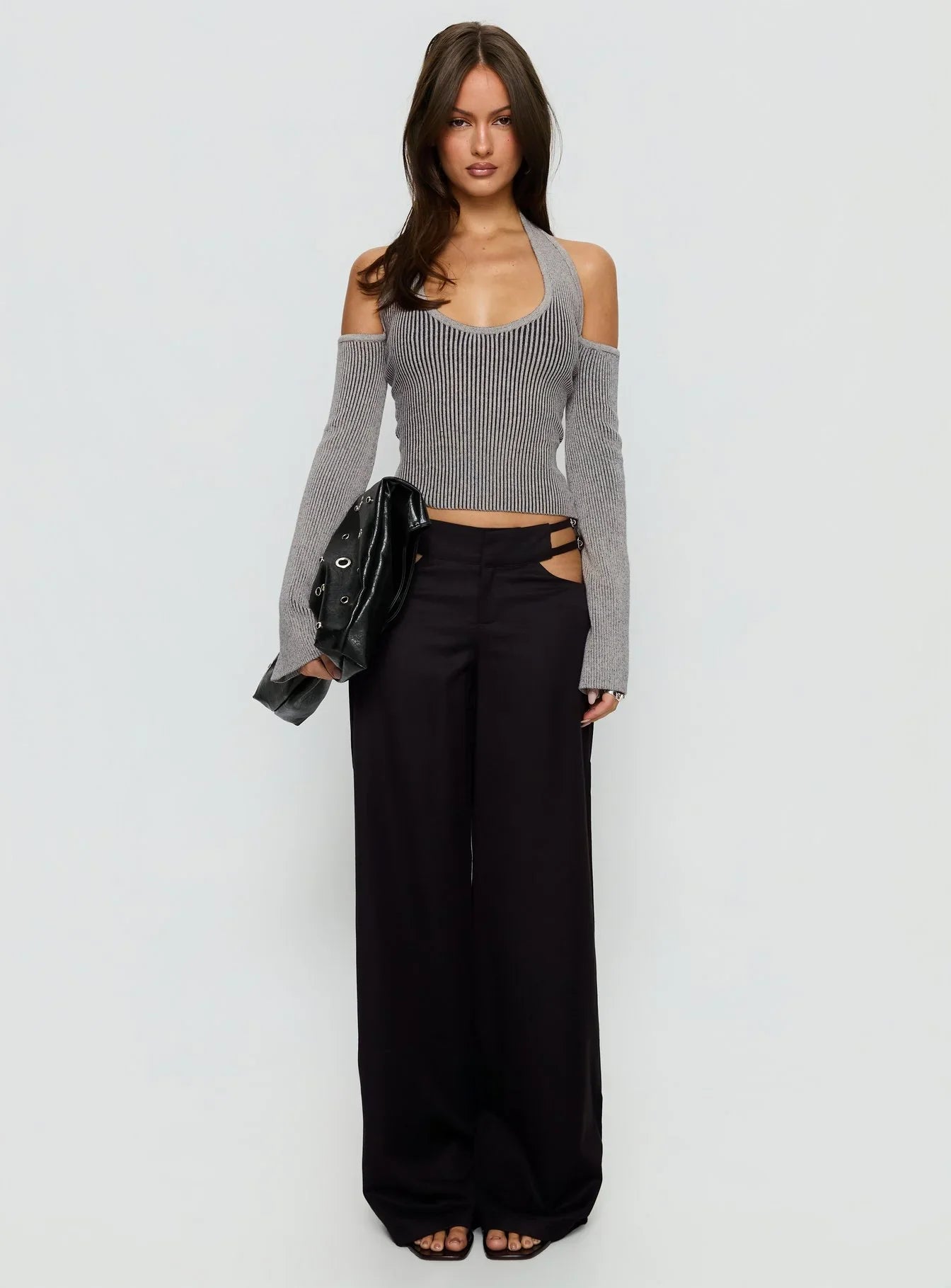 Venicia Belt Detail Suiting Pant Black Pinstripe