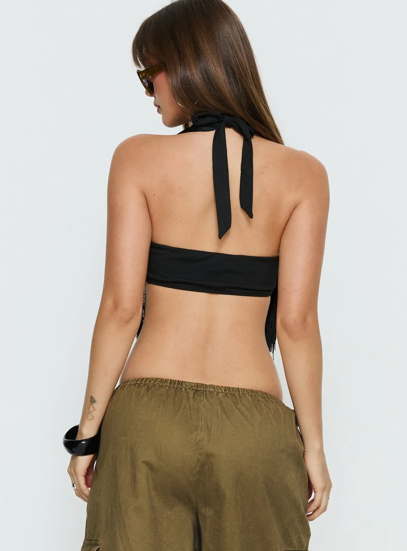 Zephyrine Fringe Asymmetrical Halter Top Black