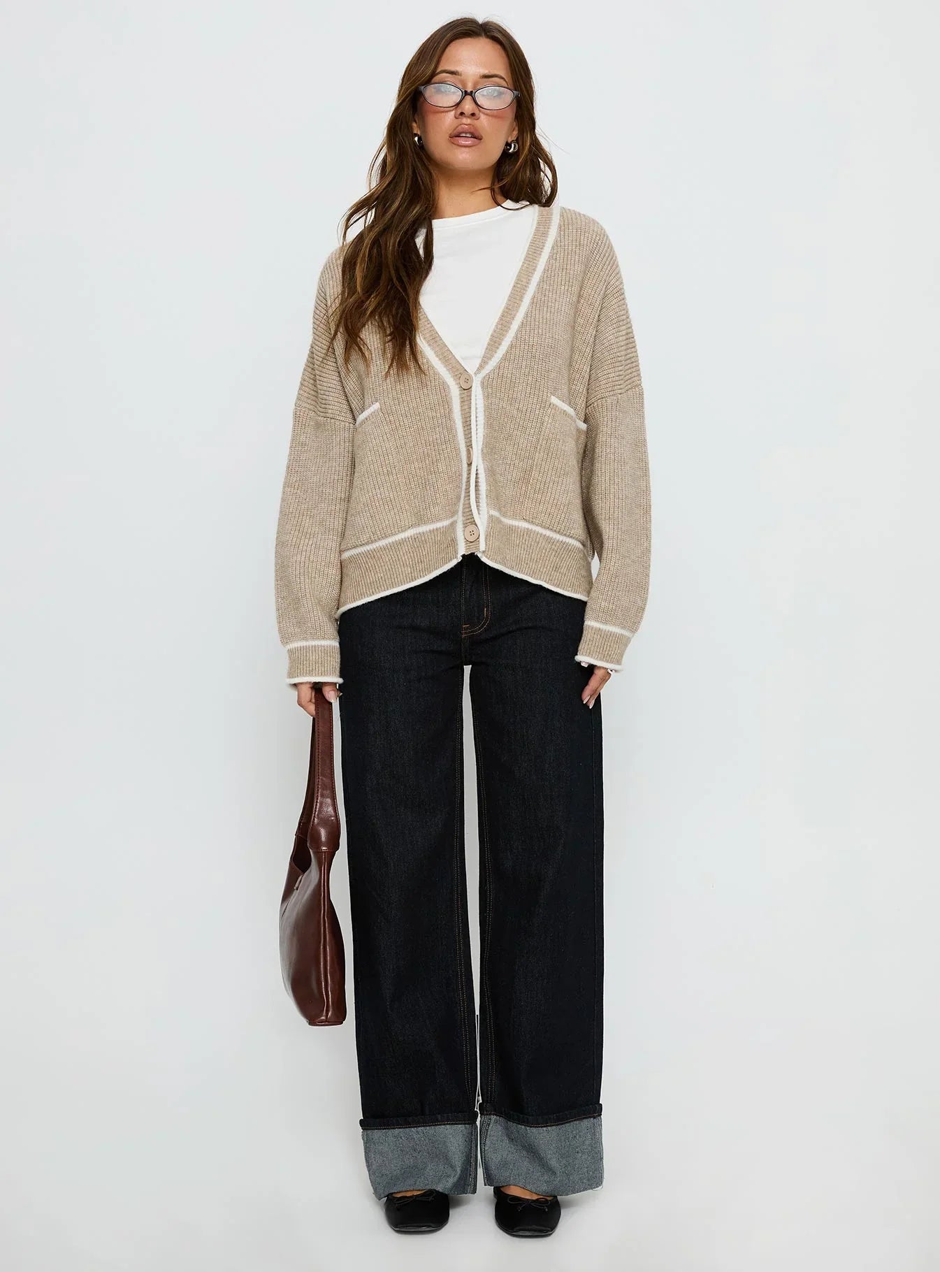 Cressara Contrast Knit Cardigan Beige White
