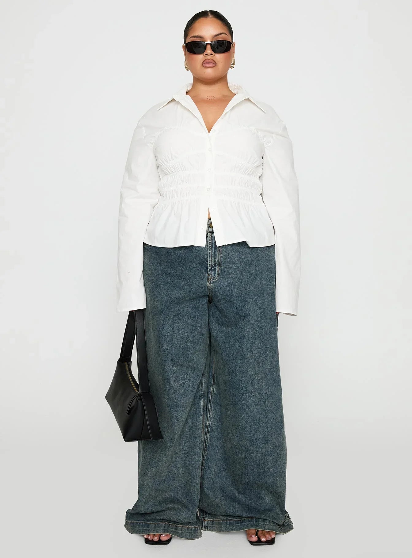 Liesel Shirred Long Sleeve Top White Curve