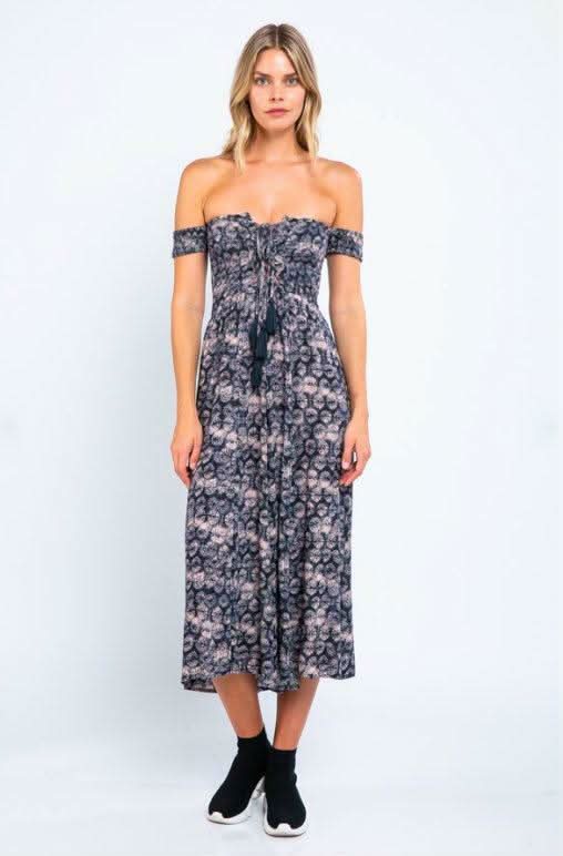 Allison Off the Shoulder Navy and Blush Print Jumpsuit