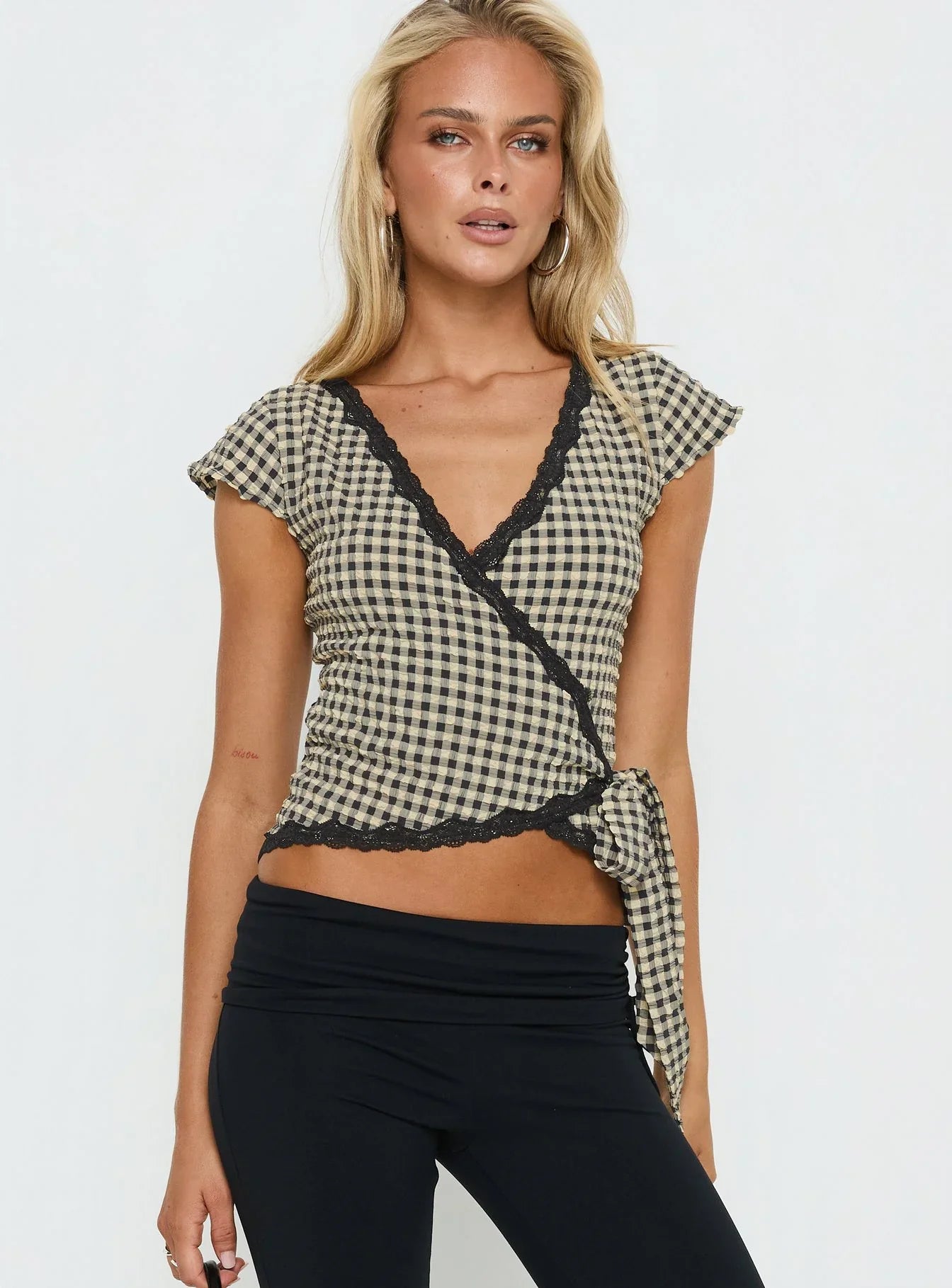 Meltwater Lace Trim Wrap Detail Top Black Check