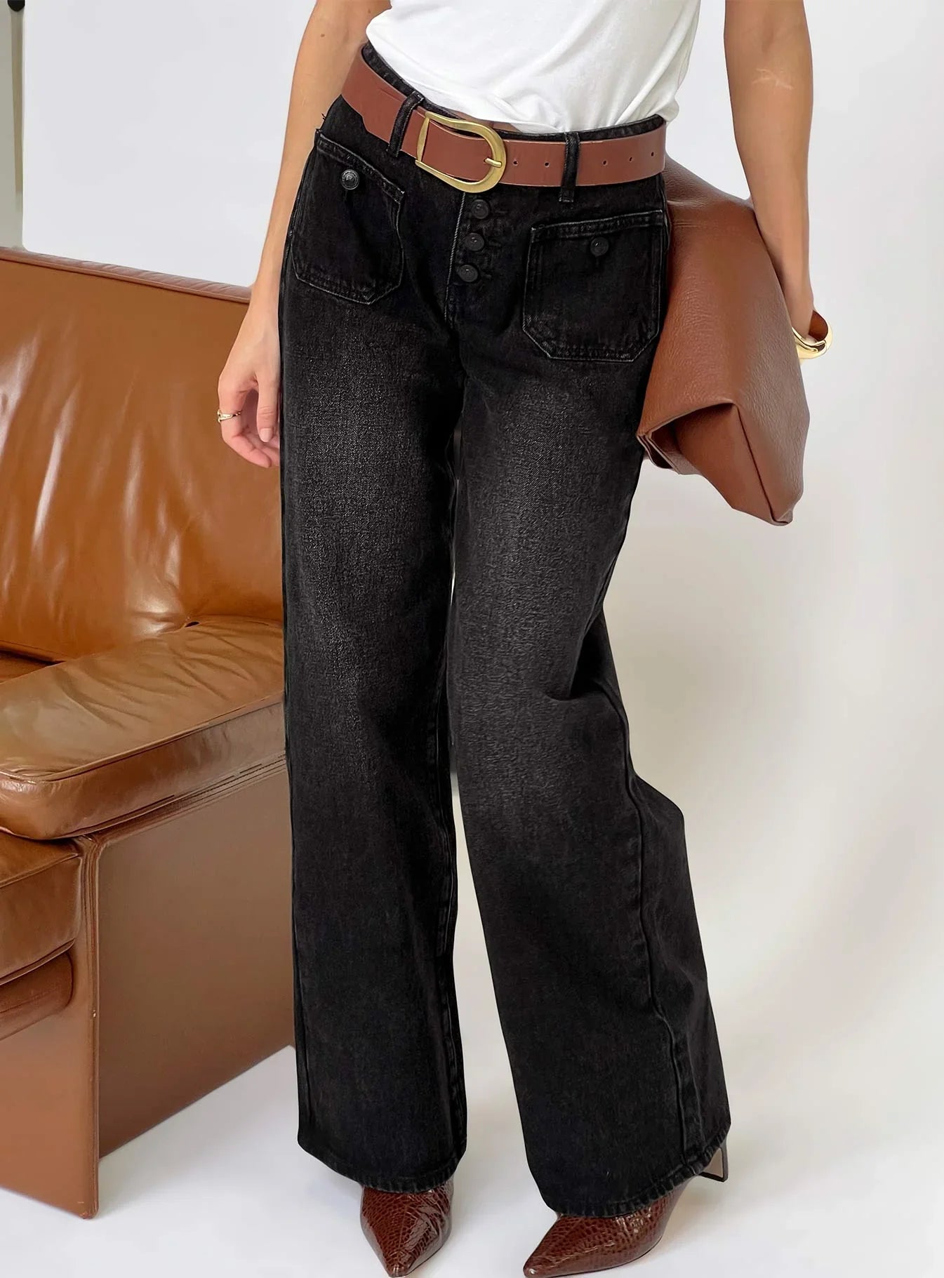Carianne Low Rise Wide Leg Jeans Washed Black