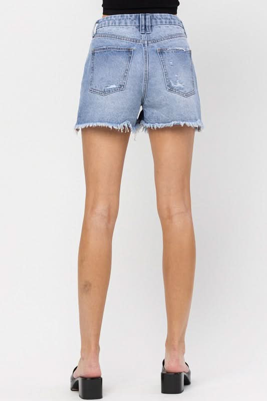 Tara Medium Wash High Rise Distressed Denim Shorts
