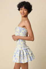 Aimee Cream Blue Floral Strapless Mini Dress