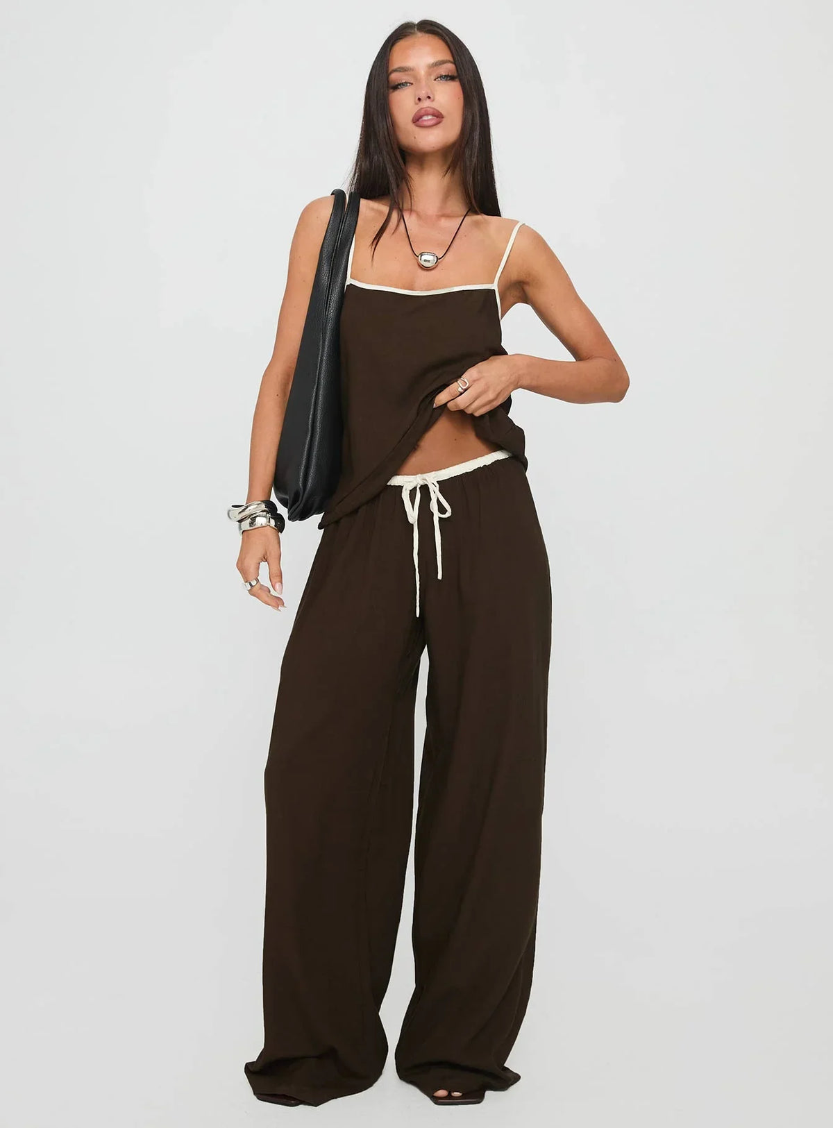 Nolei Contrast Pants Set Chocolate / White