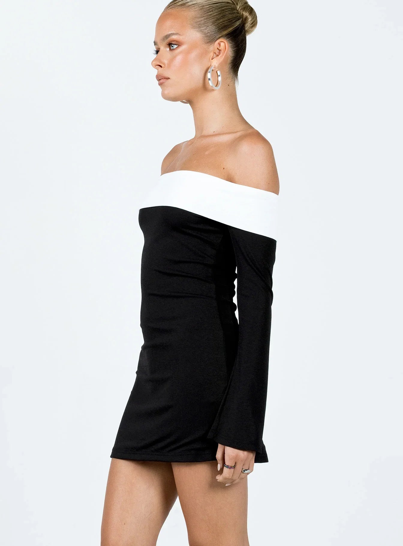 Anya Long Sleeve Off Shoulder Mini Dress Black White