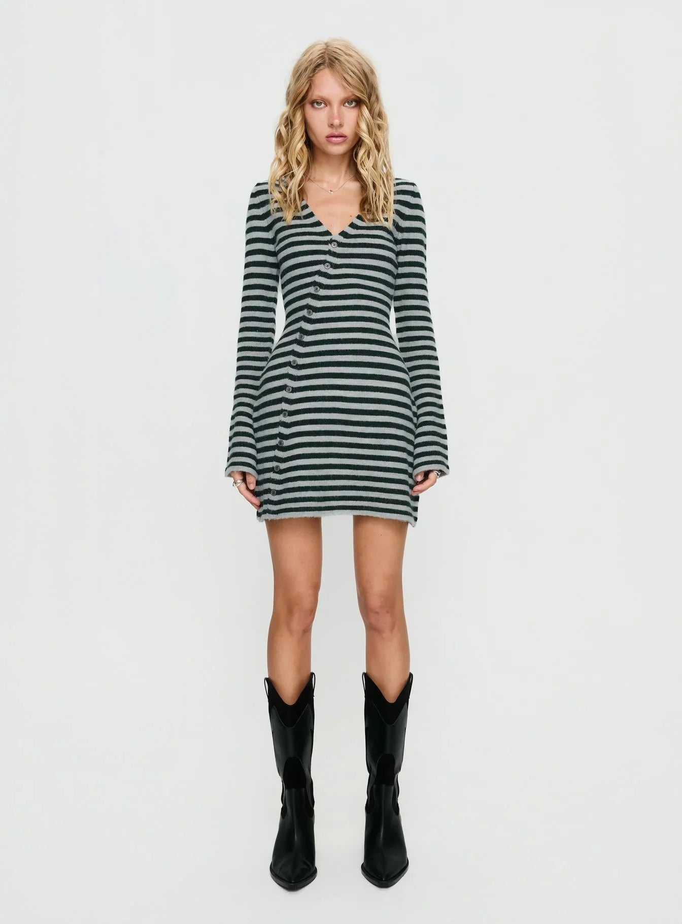 Morgen Asymmetrical Long Sleeve Mini Dress Grey Green Stripe