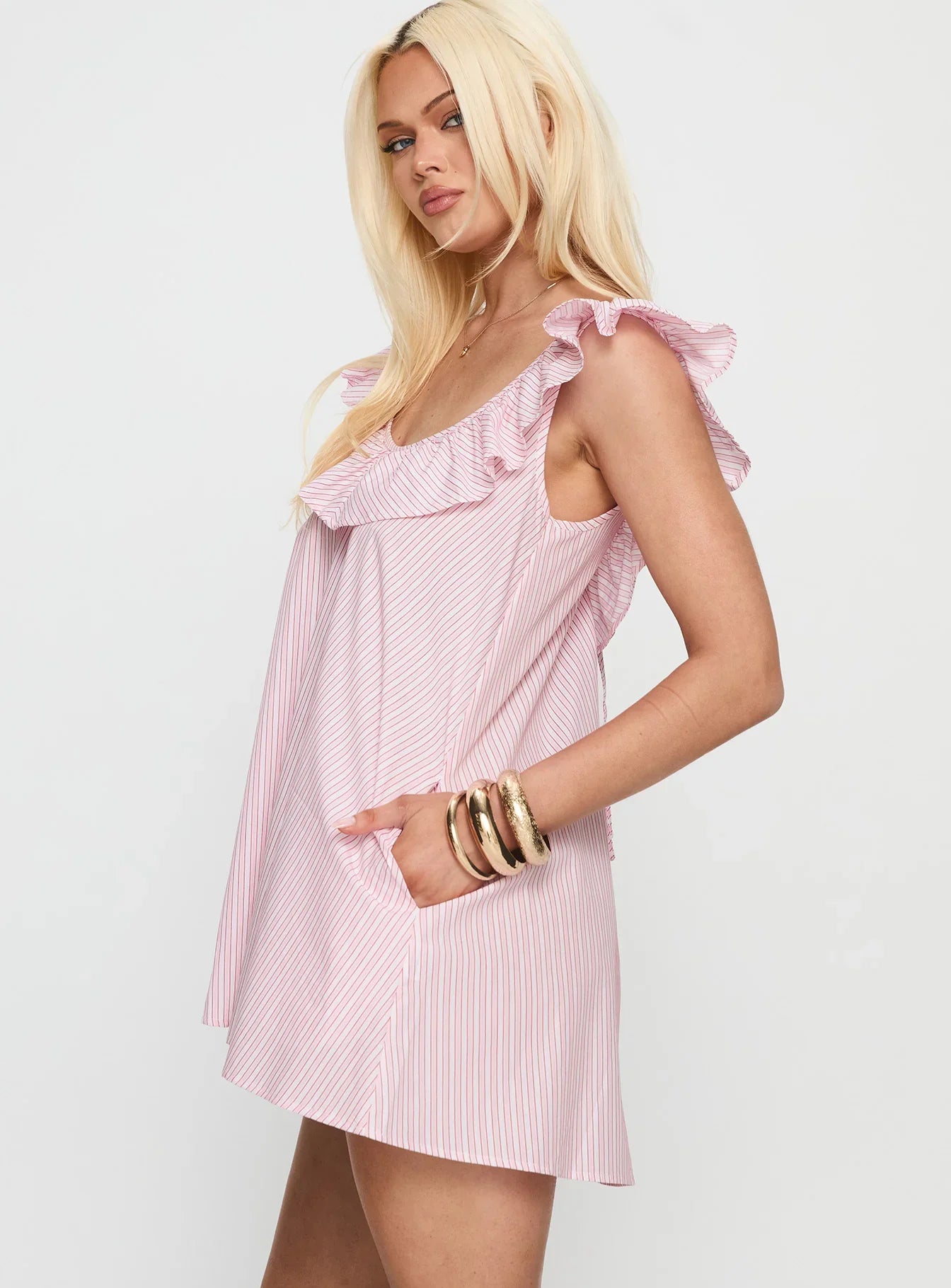 Melodies Frill Smock Mini Dress Pink Stripe