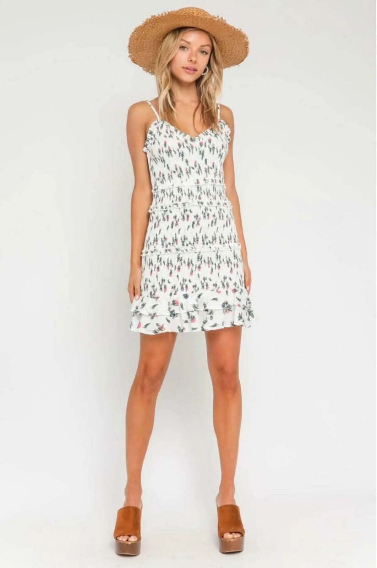 Rhea White and Red Floral Smocked Ruffle Mini Dress
