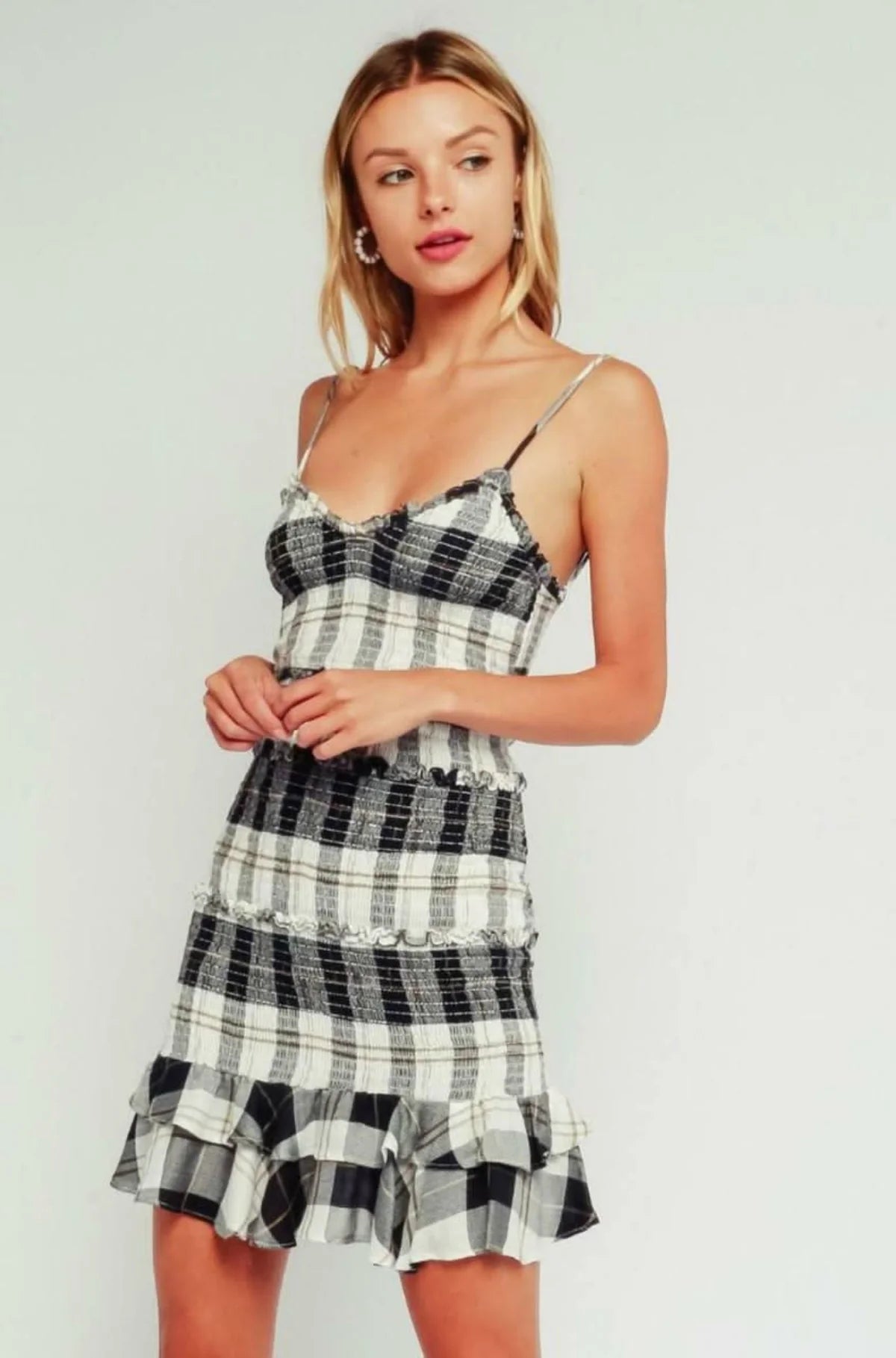 Rhea Black and Cream Plaid Print Smocked Ruffle Mini Dress