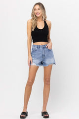 Tara Medium Wash High Rise Distressed Denim Shorts