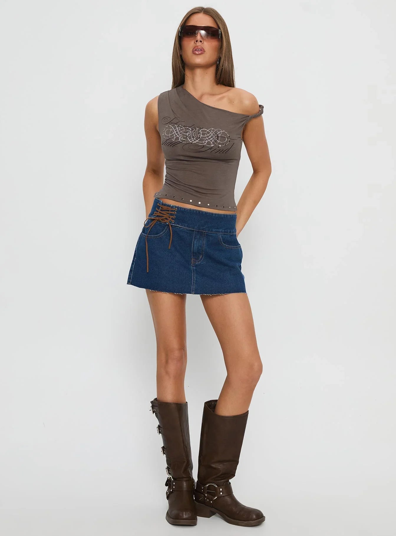 Indie Tie Up Mini Skirt Mid Wash