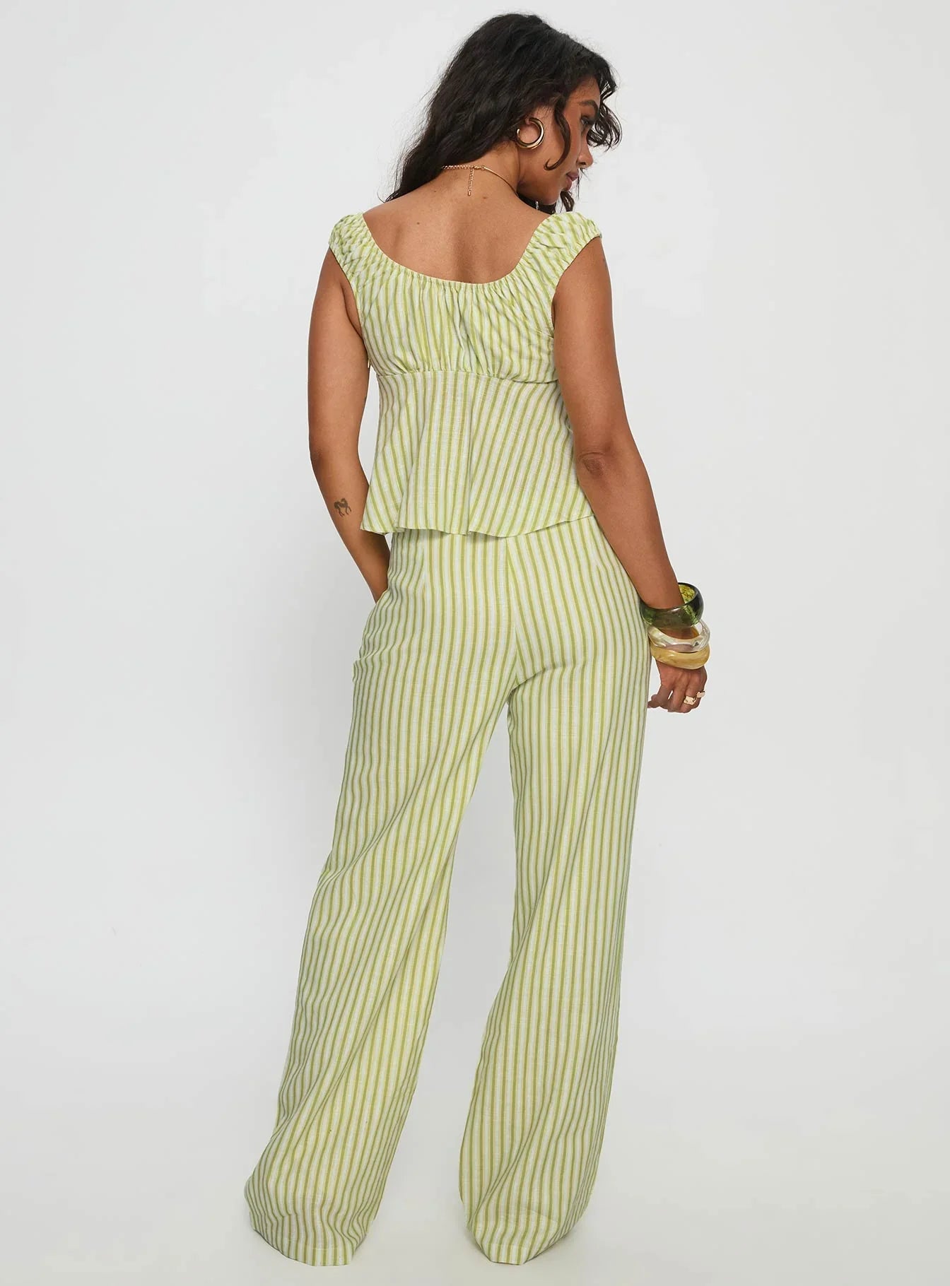 With Pleasure Tie Side Pant Green Blue Stripe