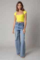 Emma Lemon Cap Sleeve Sweater Crop Top