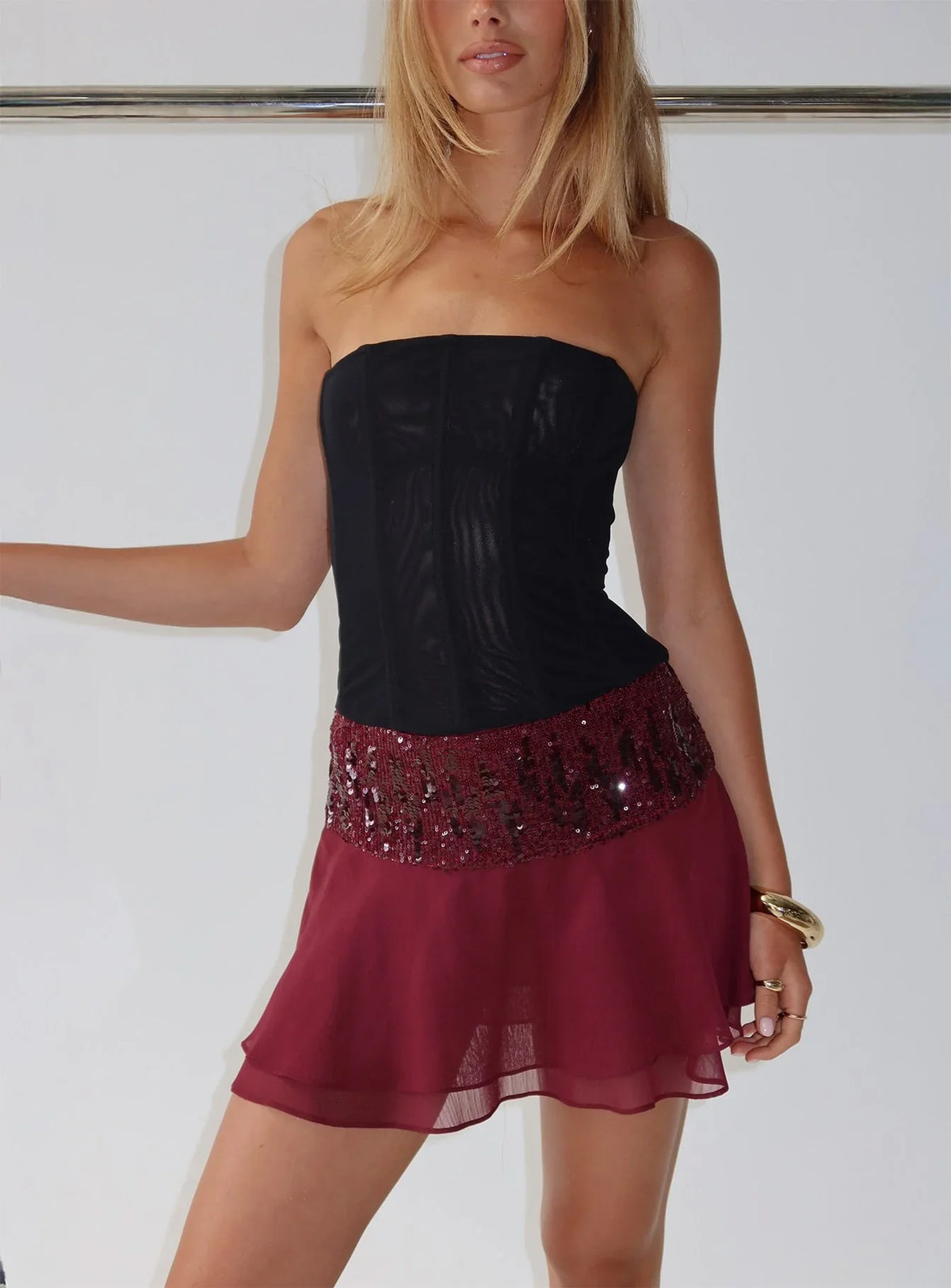 Zenayda Drop Waist Sequin Mini Skirt Burgundy