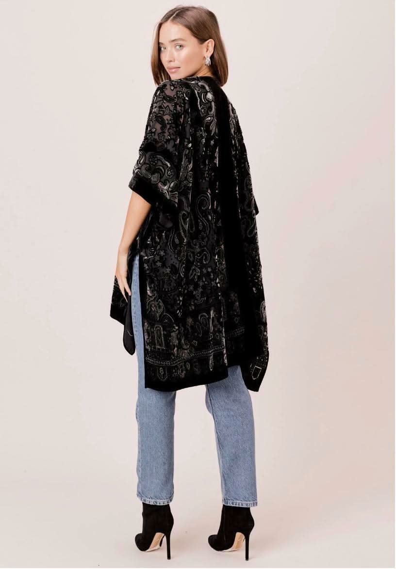 Natalia Black Paisley Burnout Velvet Kimono