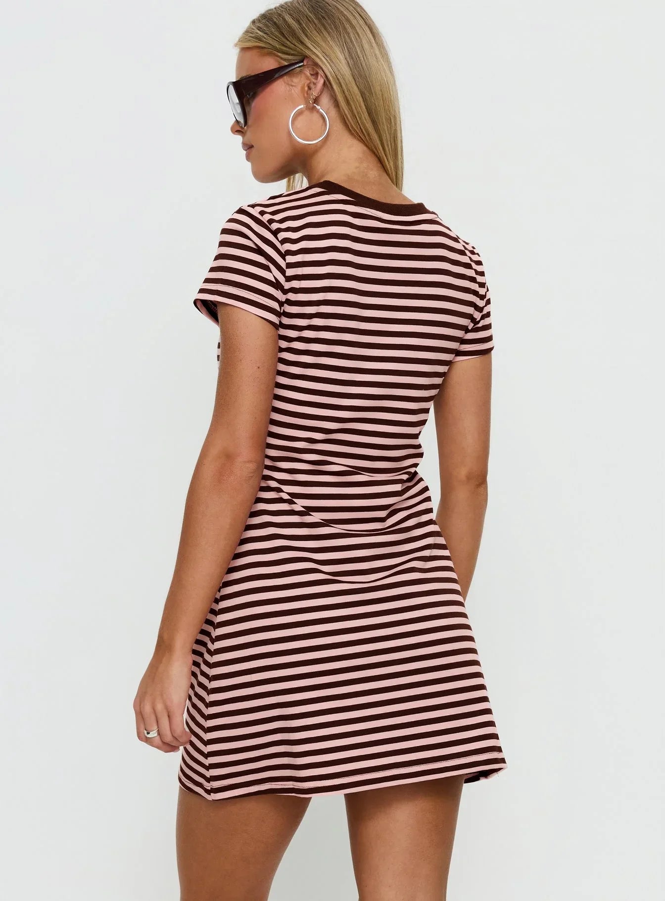 Settle Down Short Sleeve Mini Dress Pink Brown Stripe