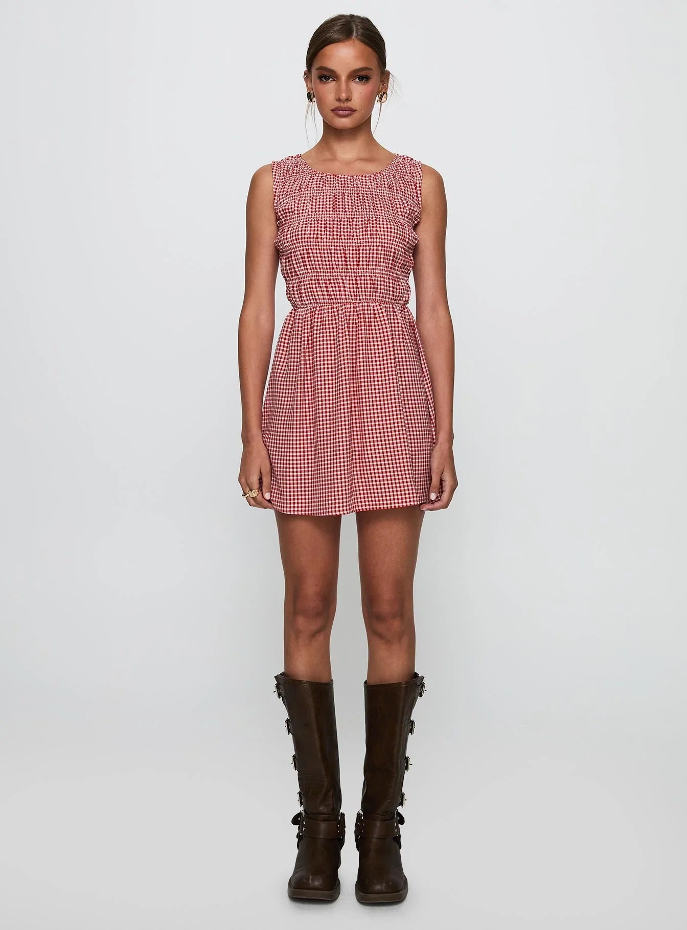 Winxie Shirred Mini Dress Red Gingham