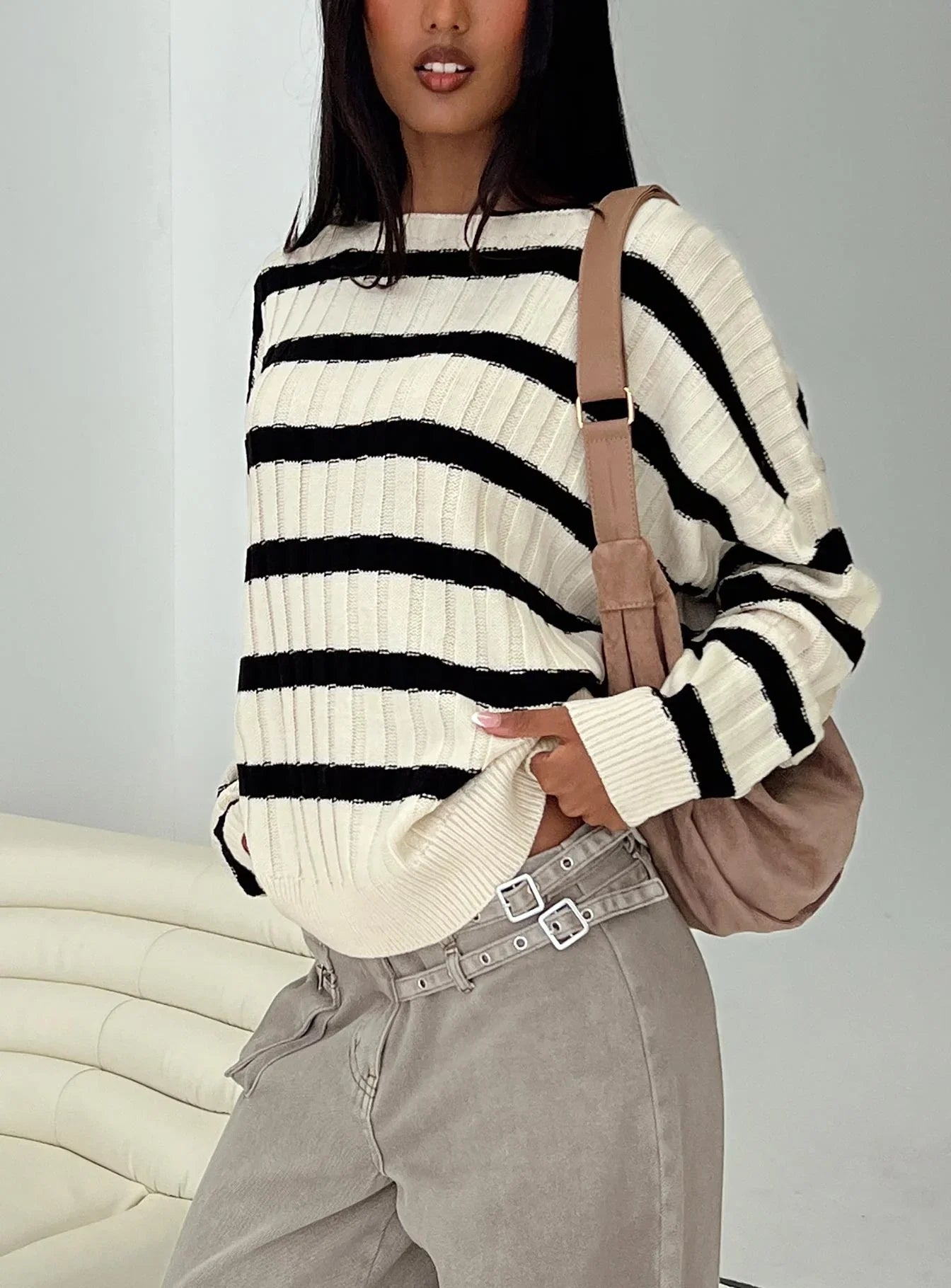 Elenita Wide Neck Knit Sweater Black White