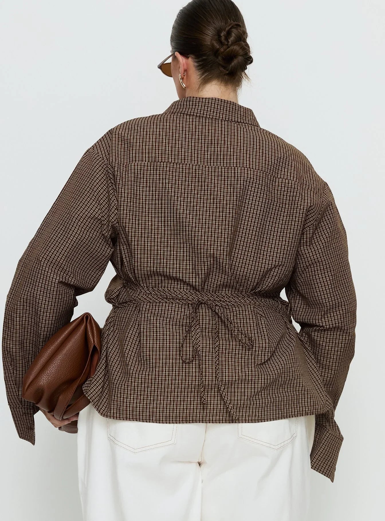 Xinia Tie Waist Long Sleeve Shirt Brown Check Curve