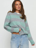 Queena Zip Through Knit Sweater Grey Blue Stripe