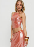 Emalia Halter Sheer Sequin Top Orange