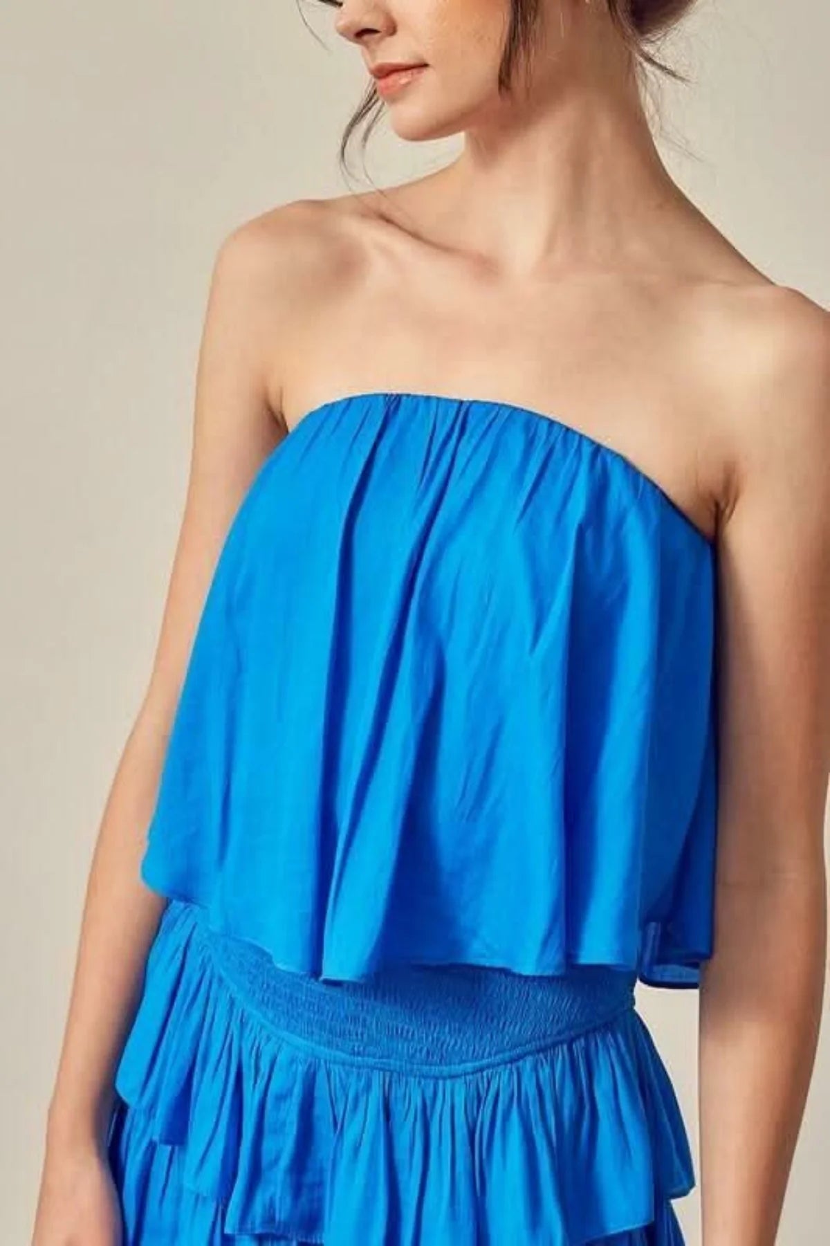 Monaco Paradise Blue Strapless Ruffle Romper