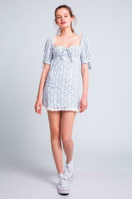Tory White and Blue Floral Print Puff Sleeve Mini Dress