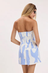 Dixie Blue White Strapless Pocket Mini Dress