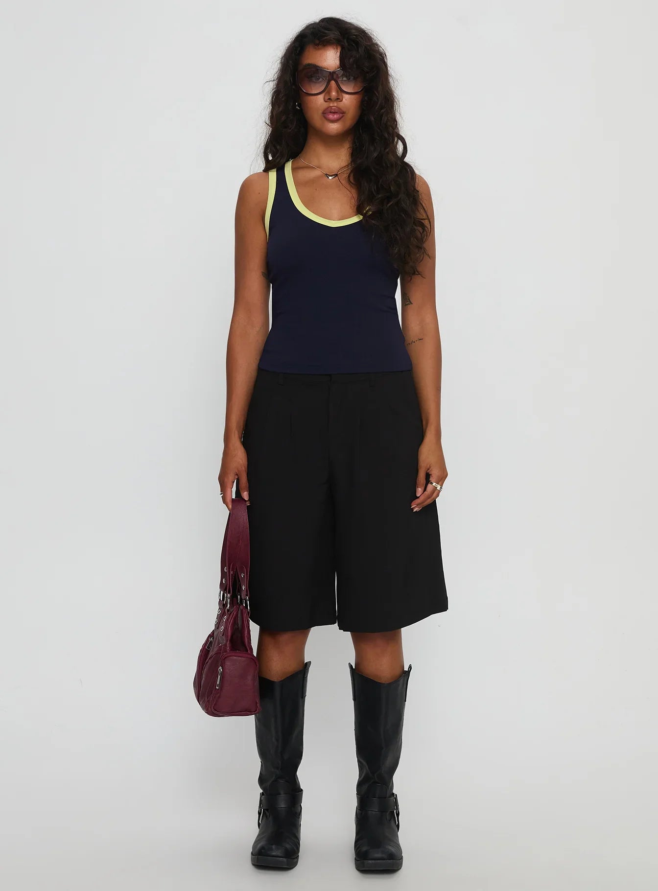 Elionne V Neck Contrast Top Navy Yellow