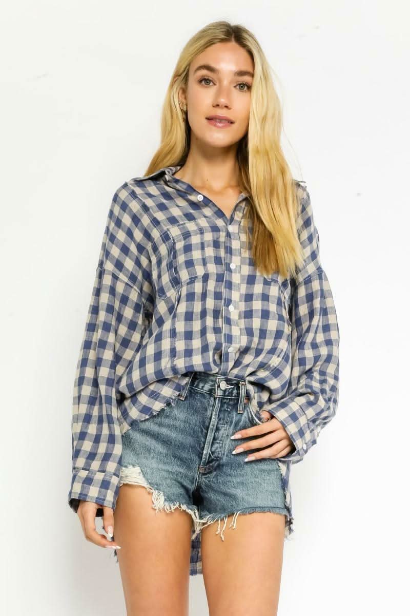 Taylor Blue Gingham Long Sleeve Button Up Top