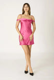 Cyndi Pink Satin Off The Shoulder Mini Dress