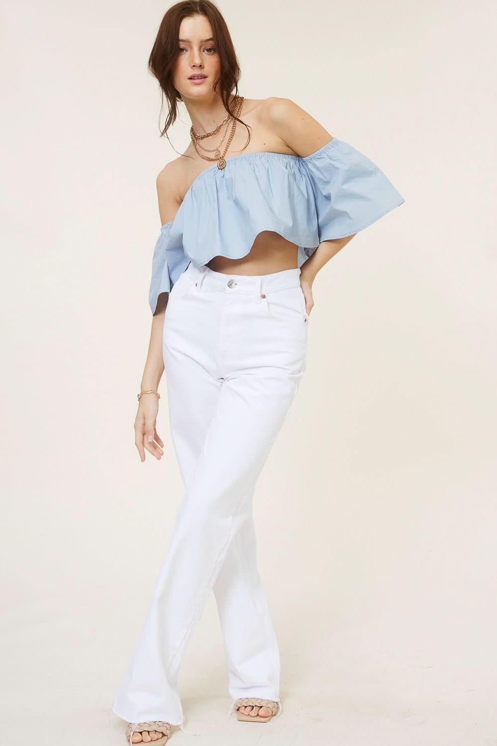 Darcie Sky Flowy Off Shoulder Crop Top