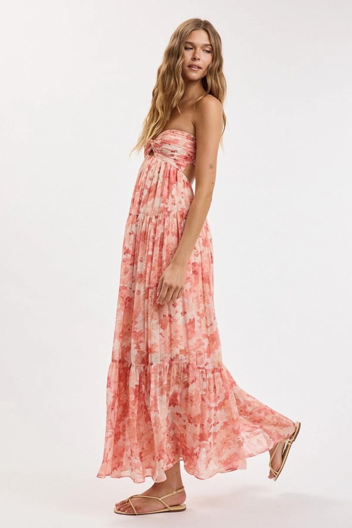 Brisa Coral Floral Strapless Maxi Dress