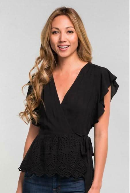 Once Again Black Eyelet Ruffle Sleeve Wrap Top