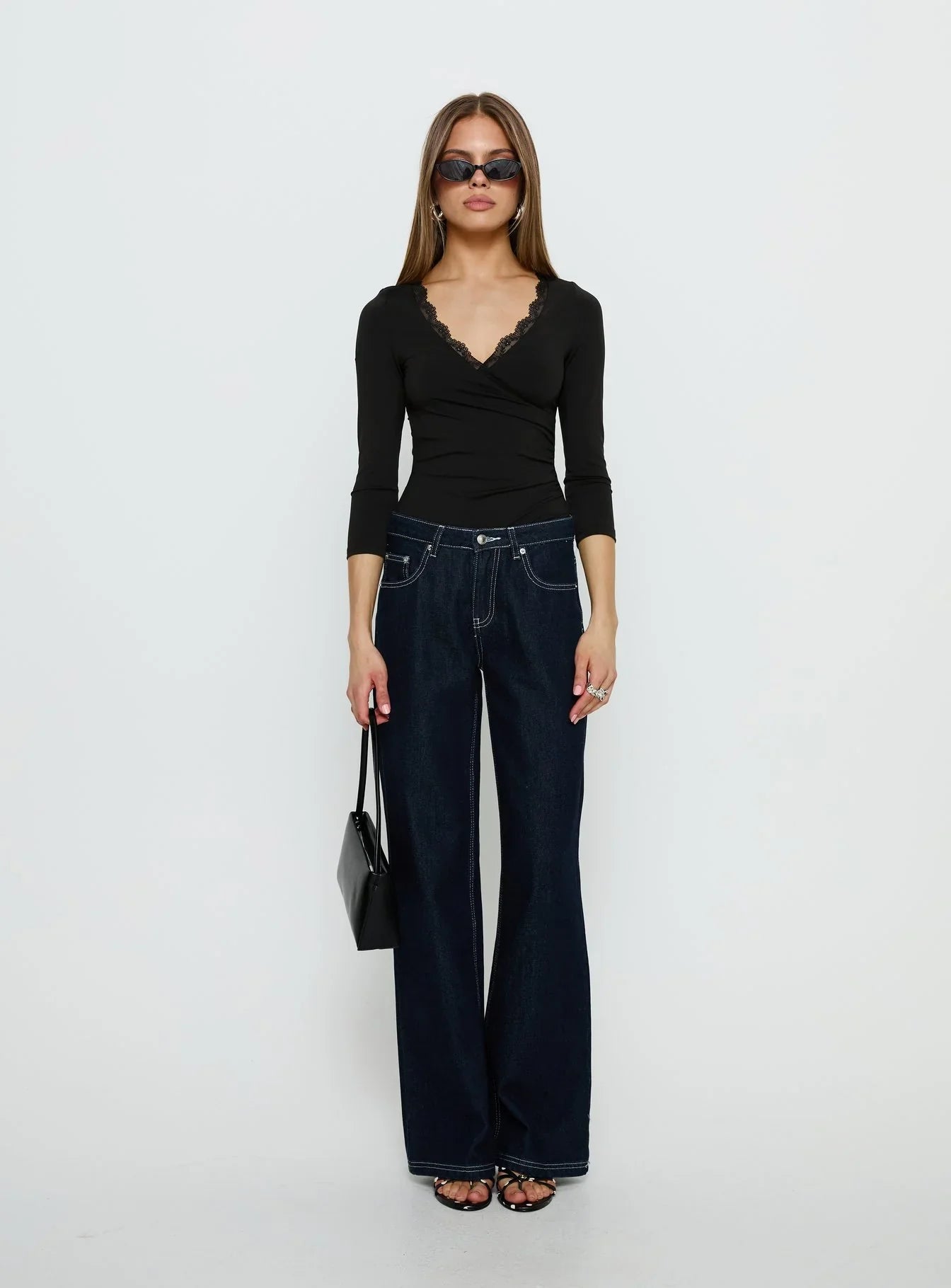 Lyselle Wrap Detail 3 4 Sleeve Bodysuit Black