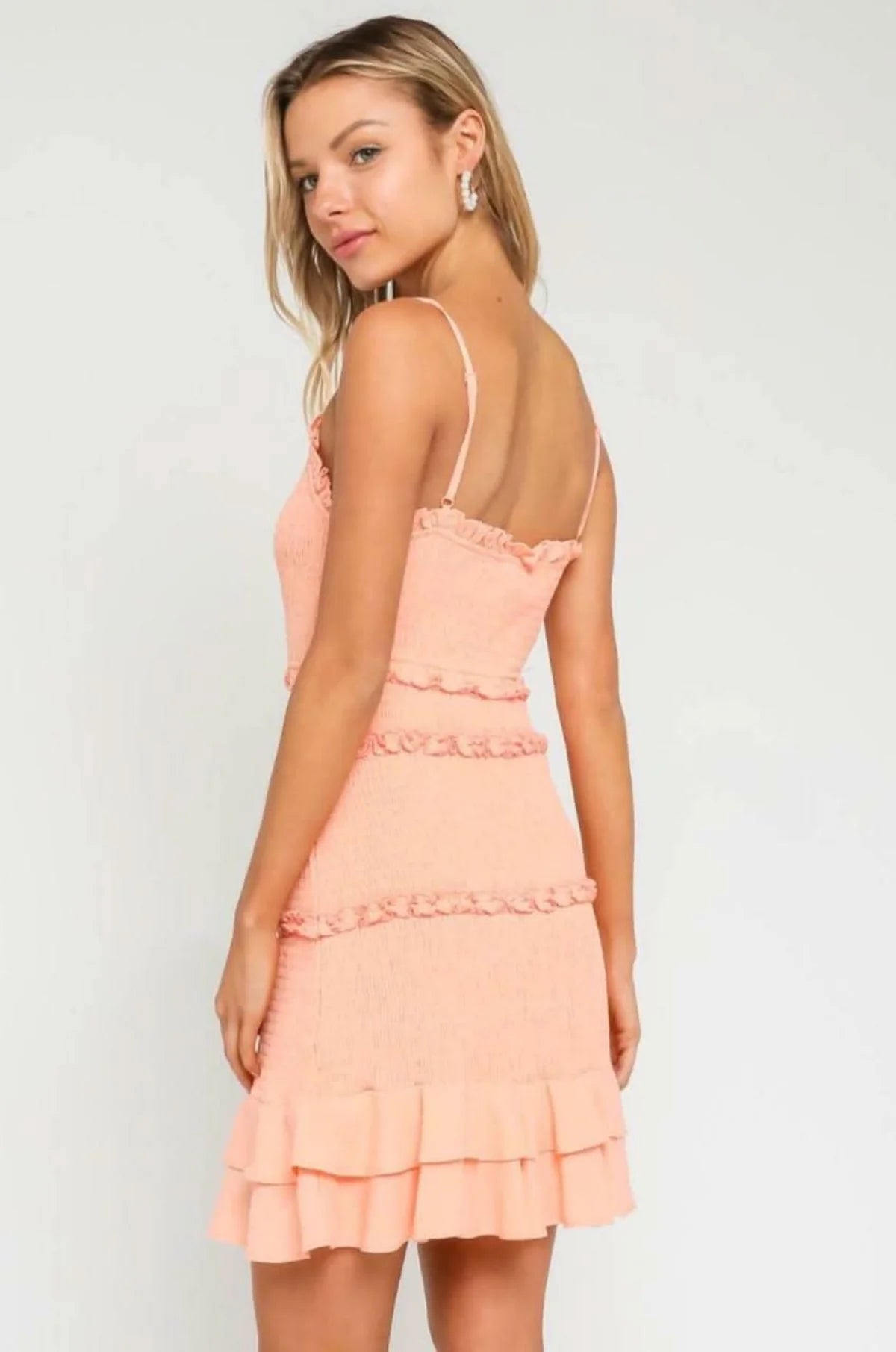 Rhea Peach Blush Smocked Ruffle Mini Dress