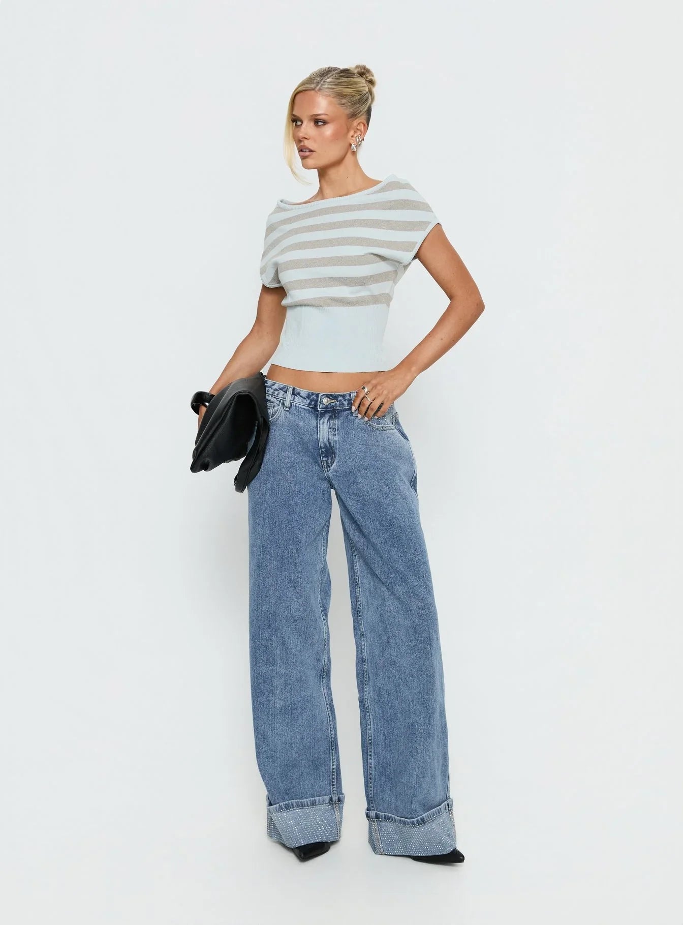 Vianne Cinched Waist Short Sleeve Knit Top Blue / Grey Stripe