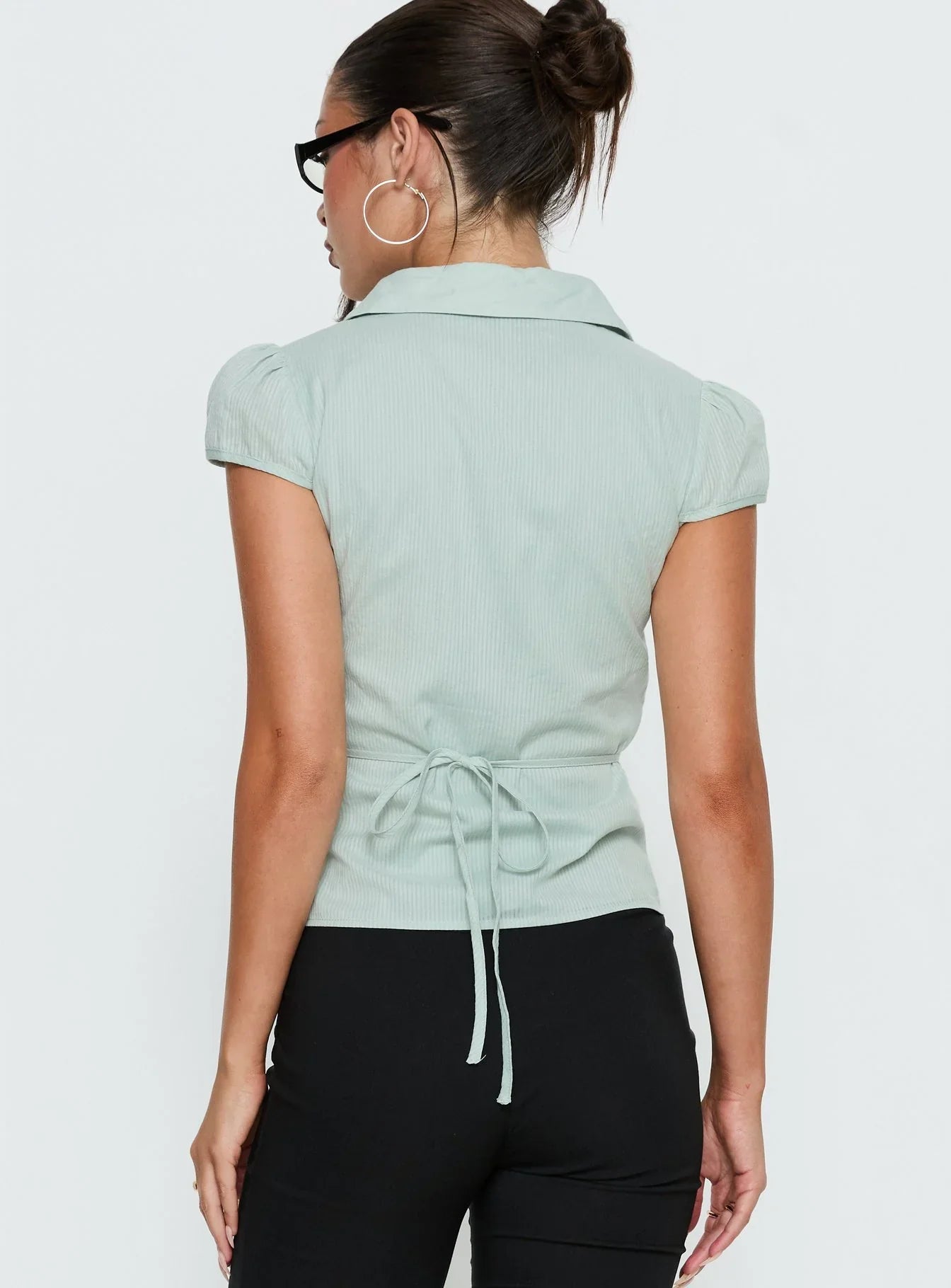 Adulation Ruched Detail Short Sleeve Shirt Green