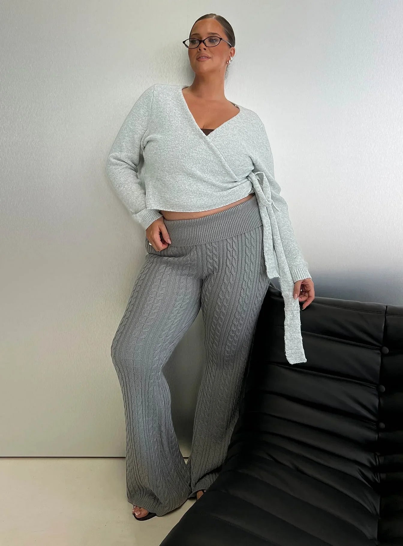 Baleigh Cable Knit Foldover Pants Grey Curve