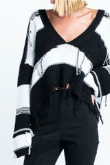 Kara Black and White Striped Fringe Ripped Sweater