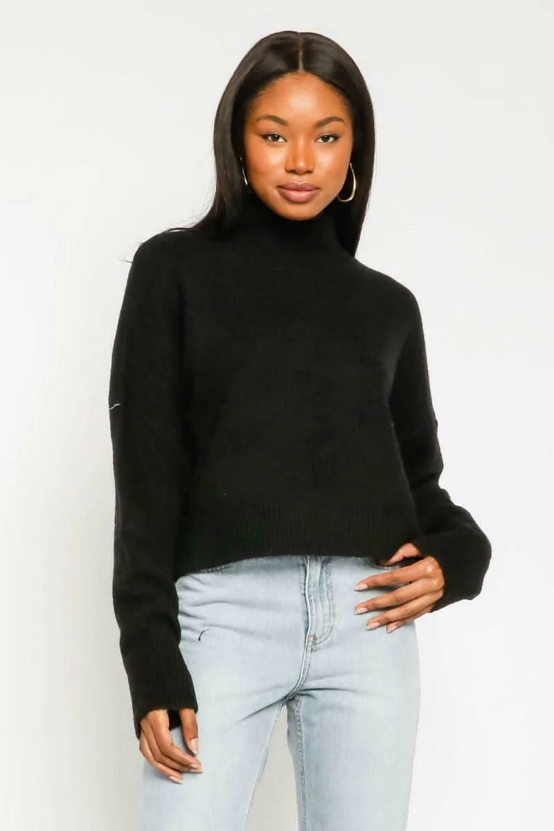 Helane Black Cropped Mock Neck Sweater