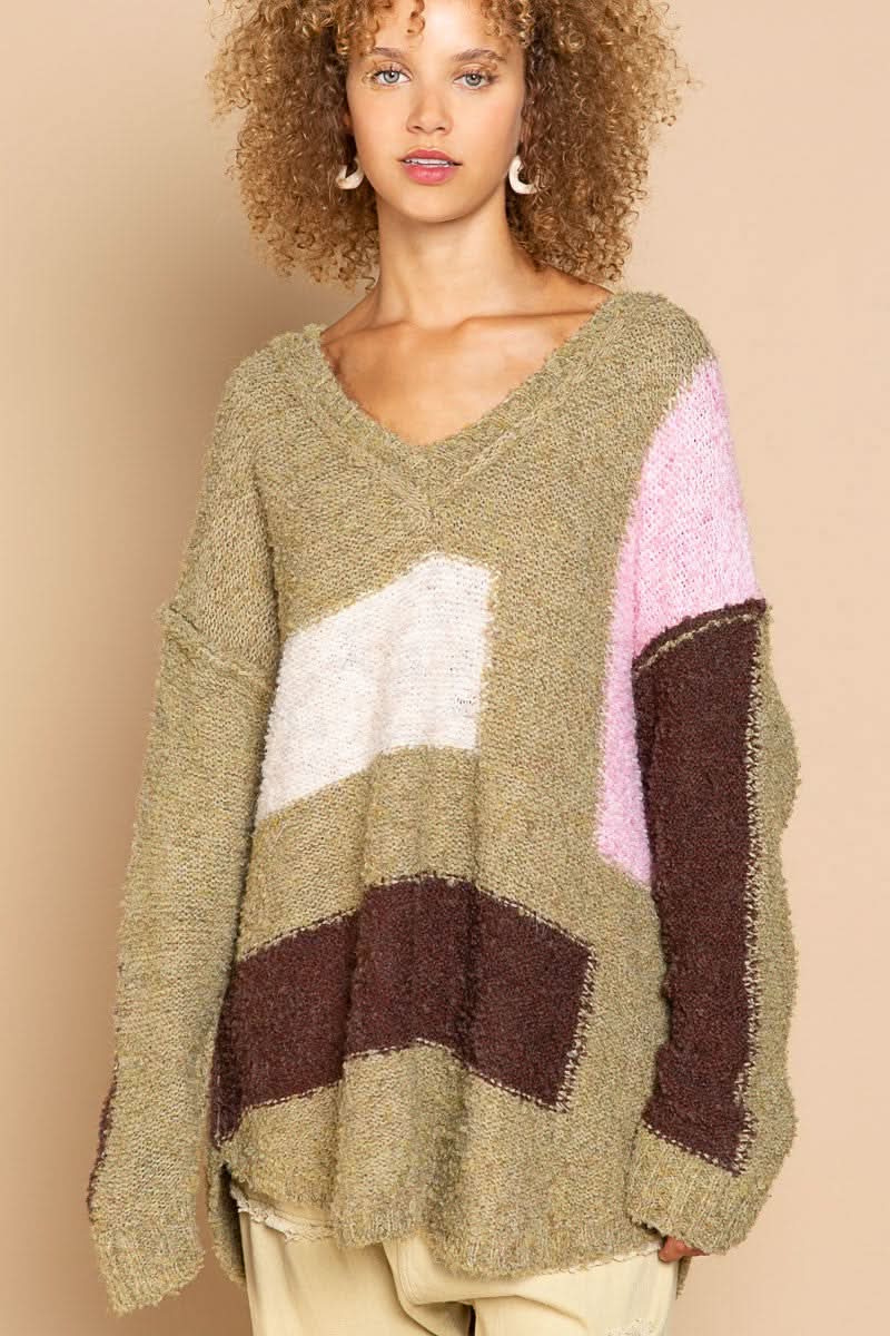 Betty Green Colorblock V Neck Sweater