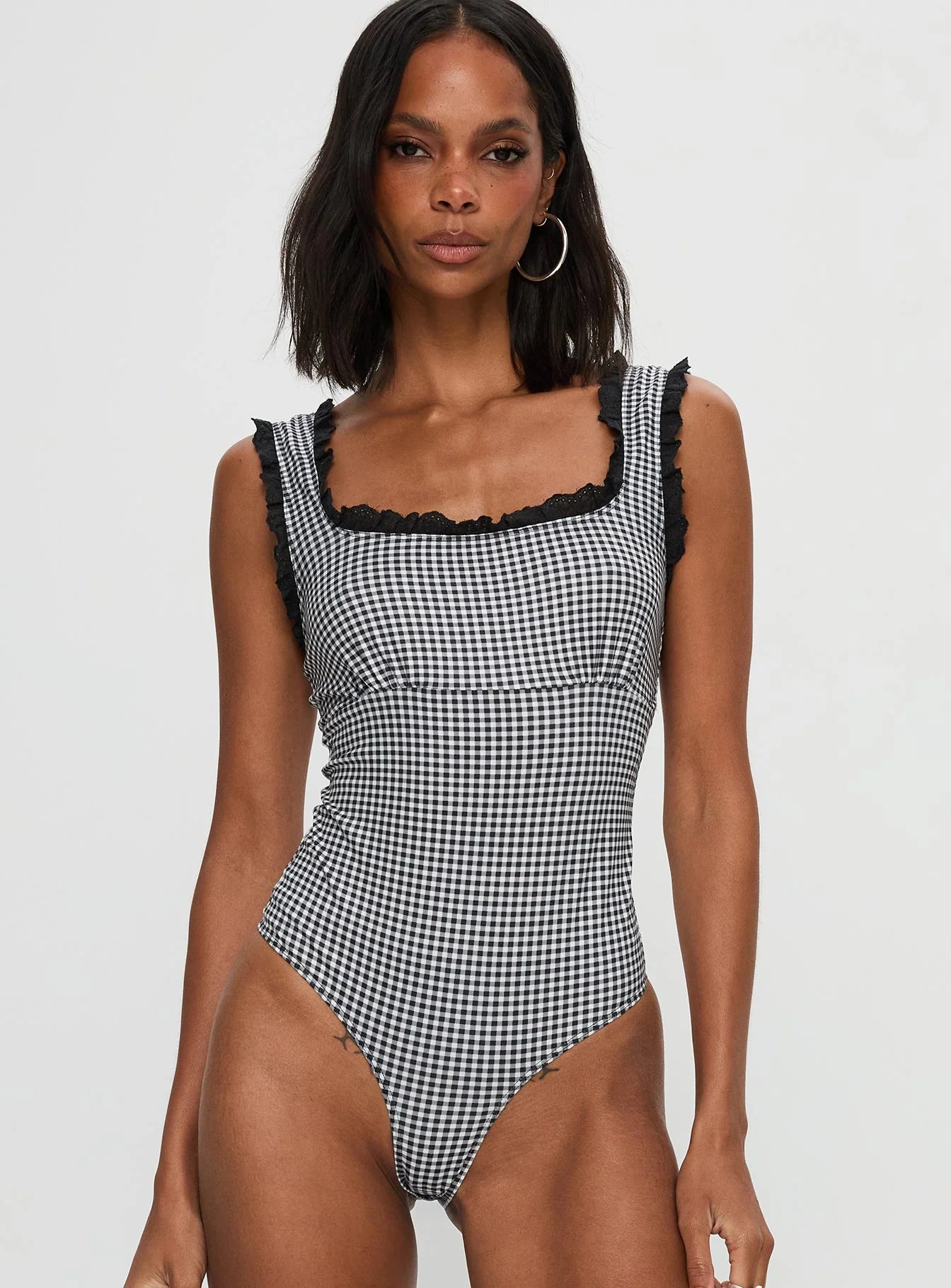 Trustfund Lace Trim Bodysuit Black White Check
