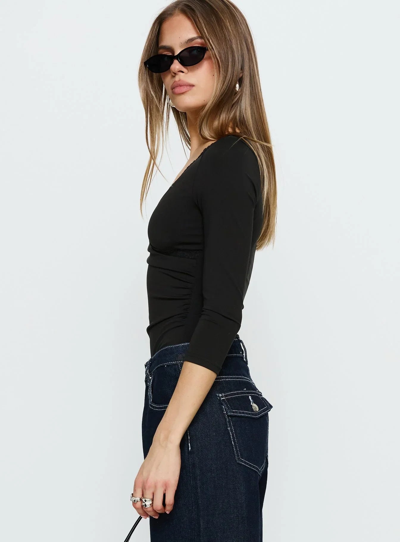 Lyselle Wrap Detail 3 4 Sleeve Bodysuit Black