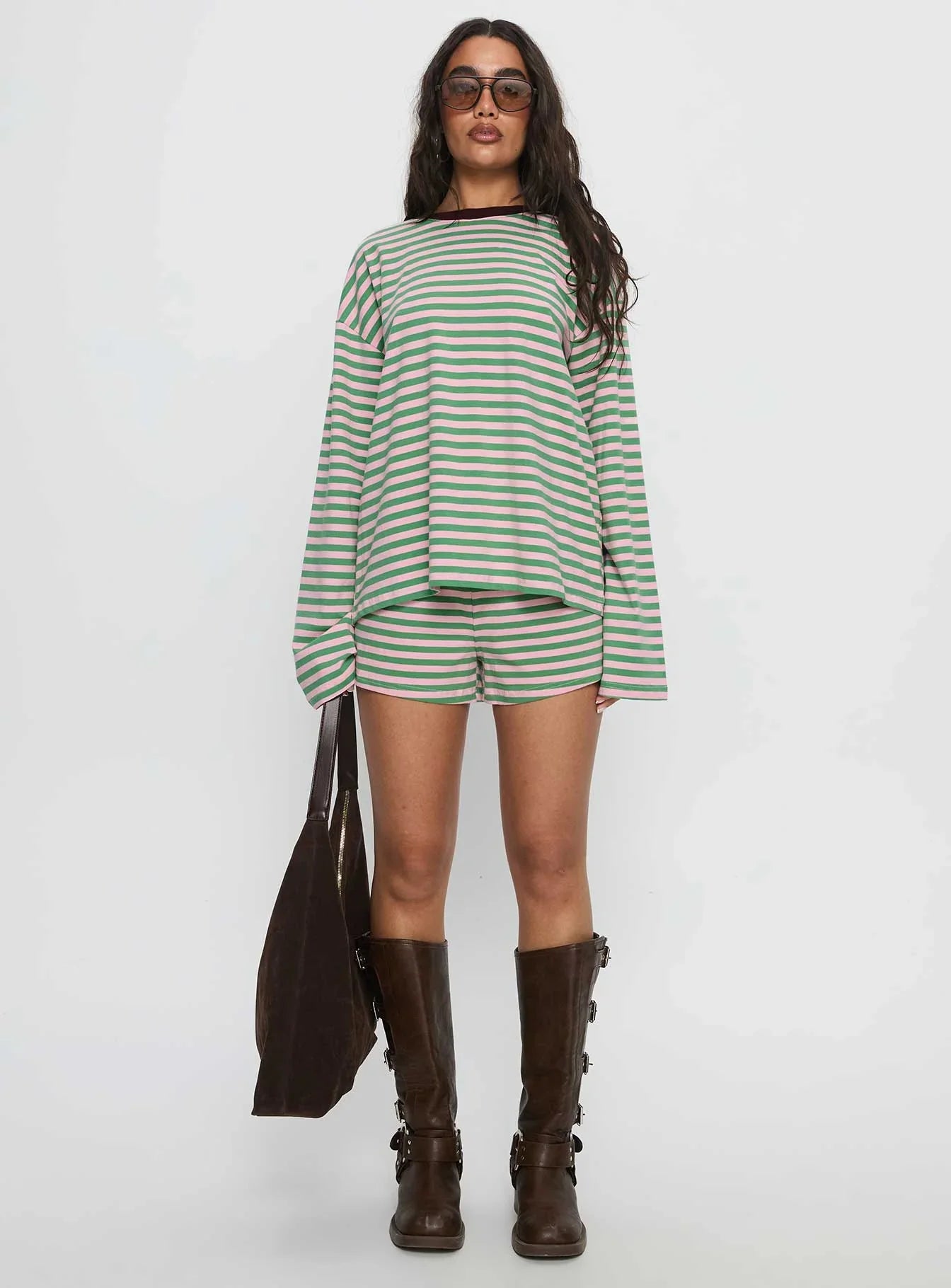 Settle Down Long Sleeve Top Green Pink Stripe